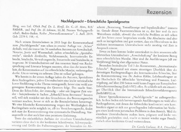 Rezension Zum Nachfolgerecht – Erbrechtliche Spezialgesetze - EINHAUS